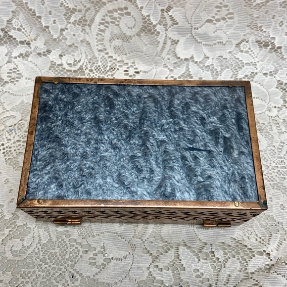 Vintage, Pierced Copper Tone Metal and Gray Lucite Boxy Purse- 8in x4.5 x 3.5in - Picture 7 of 12